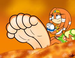  2017 absurd_res anthro bandeau barefoot blue_eyes bottomwear clothed clothing cornchip21 crooked_tail echidna feet female foot_focus foreshortening hands_together hi_res jewelry mammal monotreme orange_body sega signature sitting skirt solo sonic_adventure sonic_the_hedgehog_(series) tail tails-chan tikal_the_echidna topwear 