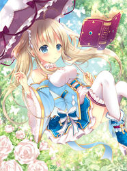  ahoge bare_shoulders blonde_hair blue_eyes blue_footwear blue_ribbon blue_skirt bow breasts bug butterfly commentary_request day detached_sleeves female flower maya_(tirolpop) medium_breasts nova_(tcg) official_art outdoors parasol photoshop_(medium) purple_umbrella ribbon rose scrunchie skirt thighhighs twintails umbrella white_butterfly white_flower white_legwear white_rose white_scrunchie wide_sleeves 