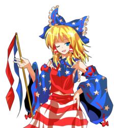  alphes_(style) alternate_color alternate_hair_color american_miko blonde_hair blue_eyes blue_sleeves bow commentary_request detached_sleeves female gohei hairbow hakurei_reimu hand_on_own_hip highres looking_at_viewer midriff one_eye_closed open_mouth pandora-ex parody sarashi smile solo star_(symbol) style_parody touhou transparent_background united_states 