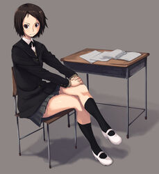  amagami bad_id bad_pixiv_id black_jacket black_socks brown_eyes brown_hair chair crossed_legs desk female full_body grey_background grey_skirt hands_on_own_knees highres interlocked_fingers jacket kibito_high_school_uniform kurosawa_noriko loafers long_sleeves looking_at_viewer notebook own_hands_clasped own_hands_together paper parted_lips photoshop_(medium) pleated_skirt sailor_collar school_desk school_uniform shoes short_hair sitting skirt socks solo wiori_(mashiro_miracle) 