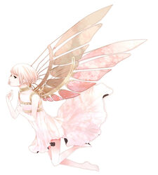  barefoot choker clover_(manga) commentary_request dress female flying full_body hiro_satochi mechanical_wings short_hair solo suu_(clover) tattoo white_background white_dress white_hair white_theme wings 