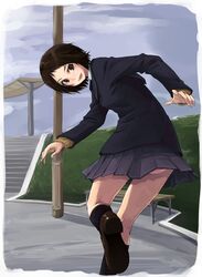  amagami bad_id bad_pixiv_id bench black_jacket black_socks brown_eyes brown_hair female from_behind grass hill jacket kibito_high_school_uniform kurosawa_noriko loafers long_sleeves looking_at_viewer looking_back outdoors panties pantyshot pink_panties pleated_skirt pole school_uniform shoes short_hair skirt socks solo standing underwear wiori_(mashiro_miracle) 