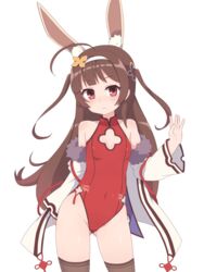  ahoge alternate_hairstyle animal_ears arm_behind_back ass_visible_through_thighs azur_lane bare_shoulders black_hair black_thighhighs blue_ribbon blunt_bangs blush breasts cleavage_cutout closed_mouth clothing_cutout commentary_request contrapposto covered_navel cowboy_shot fake_animal_ears female fur_trim groin hair_down hair_ornament halterneck hand_up hatomugi_(oudon_konekone) headband highleg highleg_leotard highres hip_focus jacket legs_apart leotard light_smile long_hair long_sleeves looking_at_viewer off_shoulder official_alternate_costume open_clothes open_jacket ping_hai_(azur_lane) ping_hai_(osmanthus_moon_rabbit)_(azur_lane) rabbit_ears red_eyes red_leotard ribbon side-tie_leotard side_slit simple_background small_breasts smile solo standing tassel thighhighs turtleneck two_side_up very_long_hair waving white_jacket wide_sleeves 