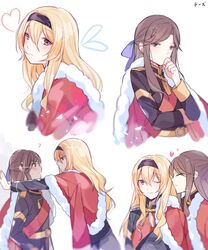  2girls ;) ? bad_id bad_pixiv_id blonde_hair chi_zu_crazy closed_eyes commentary empty_eyes facing_another fur-trimmed_jacket fur_trim hair_between_eyes hairband half_updo hand_to_own_mouth heart jacket jacket_on_shoulders kabedon multiple_girls multiple_views one_eye_closed parted_lips profile saijou_claudine shoujo_kageki_revue_starlight smile sparkle symbol-only_commentary tendou_maya upper_body yuri 