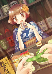  :d alcohol azami_yuuko bottle brown_eyes brown_hair chopsticks commentary_request dutch_angle female floral_print flower food glass hair_flower hair_ornament japanese_clothes kimono looking_at_viewer obi open_mouth original out_of_frame photoshop_(medium) pov pov_across_table pov_hands sake sash short_hair smile solo_focus table yukata 