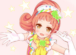  :d aikatsu! aikatsu!_(series) arm_up blush brown_background brown_eyes brown_hair commentary_request dutch_angle elbow_gloves female gloves hairband kurisu_kokone long_hair looking_at_viewer makiaato oerba_yun_fang open_mouth outstretched_arm ponytail sidelocks sleeveless smile solo star_(symbol) star_print starry_background v white_gloves 