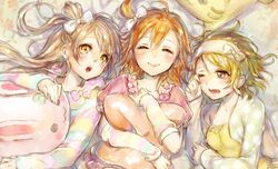  3girls :o ^_^ ao+beni bed blush bow brown_eyes brown_hair closed_eyes commentary_request girl_sandwich hairbow headband hood hoodie hugging_object koizumi_hanayo kosaka_honoka long_hair loungewear love_live! love_live!_school_idol_festival love_live!_school_idol_project minami_kotori multicolored_stripes multiple_girls one_eye_closed open_mouth orange_hair pillow pillow_hug ponytail printemps_(love_live!) puffy_sleeves rubbing_eyes sandwiched short_sleeves smile striped_clothes striped_hoodie tears yellow_eyes 