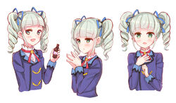  :d :o aikatsu! aikatsu!_(series) blue_jacket blue_ribbon blush bottle commentary_request cropped_torso drill_hair female fingernails glass_bottle green_eyes green_hair hair_ribbon hand_on_own_chest hands_up highres holding holding_bottle jacket long_sleeves looking_at_viewer makiaato multiple_views oerba_yun_fang open_mouth own_hands_together parted_lips ribbon school_uniform shirt simple_background smile starlight_academy_school_uniform todo_yurika twin_drills twintails upper_body white_background white_shirt 