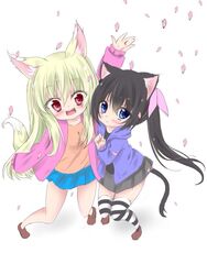  2girls :&lt; :3 animal_ears black_hair blonde_hair blue_eyes blush cardigan cat_ears channmirunya cherry_blossoms commentary_request fox_ears knees_together_feet_apart lolicon long_hair multiple_girls oerba_yun_fang open_mouth original petals ponytail red_eyes ribbon shirt skirt sleeves_past_wrists smile striped_clothes striped_thighhighs tail thighhighs waving 