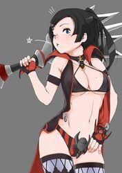  black_hair blue_eyes blush dungeon_striker female female long_hair looking_at_viewer mole mole_under_eye navel one_eye_closed solo tagme ushio_(tanatana) weapon 