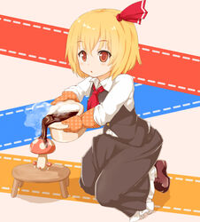  :o blonde_hair chiroshiron chocolate chocolate_covered commentary_request female frilled_skirt frills hair_ribbon mushroom open_mouth oven_mitts pot pouring red_eyes ribbon rumia shirt short_hair skirt steam touhou vest 