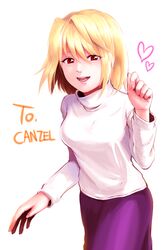  arcueid_brunestud blonde_hair commentary female highres long_skirt purple_skirt red_eyes rizen_(rijernitz) short_hair skirt smile solo sweater tsukihime turtleneck 