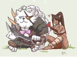  absurdres animal_ears ankle_wrap armor bad_id bad_pixiv_id barefoot bow braid brown_hair commentary_request dark_skin eyepatch facial_mark female green_eyes hairbow hairdressing highres league_of_legends long_hair nidalee ponytail rengar ribbon smile tribal weapon white_hair zavir 