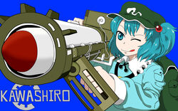  ;d backpack bad_id bad_pixiv_id bag blue_eyes blue_hair blush character_name fallout_(series) fallout_3 female hair_bobbles hair_ornament hat kawashiro_nitori key missile one_eye_closed open_mouth rocket_launcher sagami_(1726347) short_hair smile solo touhou two_side_up weapon 