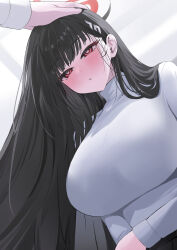  1other absurdres black_hair blue_archive blush breasts bright_pupils commentary female hair_ornament hairclip halo headpat highres large_breasts long_hair long_sleeves parted_lips red_eyes rio_(blue_archive) solo_focus sweater symbol-only_commentary white_pupils white_sweater yuki_(asayuki101) 