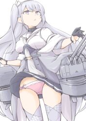  adapted_turret akara_kai black_gloves black_headband black_sailor_collar blush breasts checkered_socks chou-10cm-hou-chan_(fuyutsuki&#039;s) clothes_writing female fuyutsuki_(kancolle) gloves grey_eyes grey_hair grey_neckerchief grey_shawl grey_thighhighs hachimaki hair_between_eyes half_gloves headband highres kantai_collection long_hair microskirt neckerchief one_side_up panties pantyshot pink_panties rigging sailor_collar school_uniform serafuku shawl skirt solo thighhighs underwear white_hair white_headband white_neckerchief white_sailor_collar 