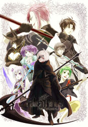  3girls 5boys :o akasabi_(fallen_kings) animal_ears arm_wrap ascot black_cape black_gloves black_pants breasts brown_hair cape cleavage copyright_name elbow_gloves eyepatch facial_mark forehead_mark gloves green_eyes green_hair highres hise holding holding_polearm holding_scythe holding_staff holding_weapon large_breasts leak_(fallen_kings) long_hair mei_(fallen_kings) multiple_boys multiple_girls myukale_(fallen_kings) pants parted_bangs pink_hair pixiv_fantasia pixiv_fantasia_fallen_kings polearm purple_eyes purple_hair red_eyes scythe short_twintails staff standing taylor_siardo twintails weapon white_ascot white_cape white_hair wristband 