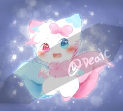  2018 ambiguous_gender chibi deaic distracting_watermark fur heterochromia hi_res kemono mammal open_mouth open_smile semi-anthro smile solo watermark white_body white_fur 