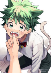  2boys animal_ears bell blush boku_no_hero_academia bow bowtie cat_ears cat_tail freckles gloves green_eyes green_hair green_pants highres long_sleeves male_focus midoriya_izuku multiple_boys pants red_bow red_bowtie shirt short_hair tail tongue tongue_grab tongue_out ume_(326310) white_shirt yaoi 