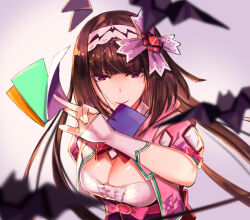  bat_(animal) bow breasts brown_hair cleavage cloak commentary_request crystal fate/grand_order fate_(series) female gradient_hair hair_ornament hairband highres holding jewelry long_hair moriyama_daisuke mouth_hold multicolored_hair no_eyewear origami osakabehime_(fate) paper pink_bow purple_eyes ribbon simple_background solo twintails very_long_hair 