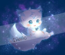  2018 ambiguous_gender blue_body blue_eyes blue_fur canid canine cosmic_background deaic distracting_watermark feral fur hi_res kemono mammal shaded solo watermark white_body white_fur 