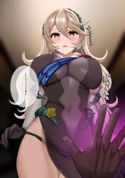  absurdres alternate_breast_size blush breasts corrin_(female)_(fire_emblem) corrin_(female)_(resplendent)_(fire_emblem) corrin_(fire_emblem) covered_navel elbow_gloves female fire_emblem fire_emblem_fates fire_emblem_heroes gloves hair_ornament hair_vines hairband highres hypnosis large_breasts long_hair looking_at_viewer mind_control official_alternate_costume panty_straps pointy_ears red_eyes see-through see-through_cutout solo speech_bubble tara_(szzj7733) thorns translation_request wing_cape 