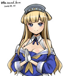  blonde_hair blue_eyes blue_shirt breasts cleavage dated double_bun female fletcher_(kancolle) hair_bun hair_ornament hairband kantai_collection large_breasts long_hair looking_at_viewer neckerchief off_shoulder sailor_collar school_uniform serafuku shirt simple_background skirt smile solo star_(symbol) star_hair_ornament the_second_form twitter_username upper_body white_background white_sailor_collar white_skirt 