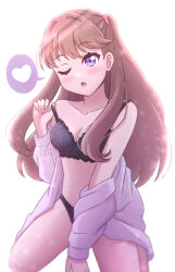  ;o akihitohappy black_bra black_panties bra breasts brown_hair check_commentary cleavage collarbone commentary_request female fujishima_megumi heart highres kneeling link!_like!_love_live! long_hair looking_at_viewer love_live! medium_breasts one_eye_closed panties purple_eyes shirt shirt_partially_removed simple_background solo spoken_heart strap_pull two_side_up underwear virtual_youtuber white_background white_shirt 