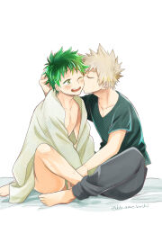  2boys bakugou_katsuki bare_legs barefoot black_shirt blonde_hair blush boku_no_hero_academia closed_eyes feet freckles green_eyes green_hair grey_pants highres long_sleeves male_focus midoriya_izuku multiple_boys one_eye_closed open_mouth pants shirt short_hair smile spiked_hair toes ume_(326310) yaoi 