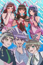  3boys 3girls :d absurdres ahoge animal_ears apron bare_shoulders black_hair blue_background blue_eyes blunt_bangs blush bow breasts brown_hair cleavage collared_shirt danganronpa_(series) danganronpa_v3:_killing_harmony fake_animal_ears green_necktie hair_ornament hair_scrunchie hairbow hands_up harukawa_maki highres hinata_hajime large_breasts leotard long_hair low_twintails maizono_sayaka medium_breasts mole mole_under_eye momota_kaito multiple_boys multiple_girls naegi_makoto necktie pink_bow pink_leotard playboy_bunny rabbit_ears red_eyes red_scrunchie red_shirt scrunchie shirt smile spiked_hair translation_request tsumiki_mikan twintails waist_apron wrist_scrunchie xingnai_wang 