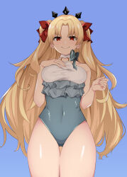  absurdres blonde_hair blue_background bow breasts covered_navel ereshkigal_(fate) fate/grand_order fate_(series) female frilled_one-piece_swimsuit frills hairbow hand_on_own_chest highres long_hair medium_breasts one-piece_swimsuit red_bow red_eyes smile space_ereshkigal_(fate) space_ereshkigal_(first_ascension)_(fate) swimsuit tanuki_(siutkm0228) two_side_up 