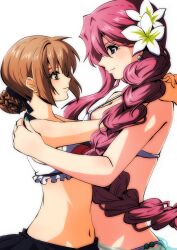  2girls akane_kazami bikini blue_eyes braid braided_bun braided_ponytail brown_hair commission duvalie earrings eiyuu_densetsu emma_millstein flower green_eyes hair_bun hair_flower hair_ornament hajimari_no_kiseki highres hug jewelry long_hair looking_at_another multiple_girls navel purple_hair sailor_bikini sailor_collar skeb_commission swimsuit very_long_hair 