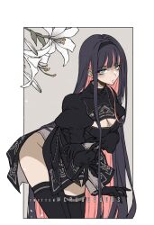  2b_(nier:automata) 2b_(nier:automata)_(cosplay) black_dress black_gloves black_hairband black_thighhighs breasts cleavage_cutout clothing_cutout colored_inner_hair cosplay criis-chan dress female flower gloves hairband juliet_sleeves leaning_forward leotard long_hair long_sleeves multicolored_hair nier:automata nier_(series) no_blindfold panty_&amp;_stocking_with_garterbelt puffy_sleeves solo stocking_(psg) thighhighs two-tone_hair white_flower 