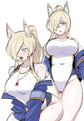  animal_ear_fluff animal_ears armband ass_visible_through_thighs blonde_hair blue_archive blue_armband blue_eyes blue_jacket blush breasts clenched_teeth collarbone competition_swimsuit covered_navel dog_ears ear_blush extra_ears female hair_over_one_eye high_ponytail highleg highleg_one-piece_swimsuit highres jacket kanna_(blue_archive) kanna_(swimsuit)_(blue_archive) large_breasts leaning_forward long_bangs long_hair long_sleeves notched_ear off_shoulder official_alternate_costume one-piece_swimsuit ponytail ringed_eyes sharp_teeth simple_background solo sweat swimsuit teeth thighs tongue tongue_out twoj whistle whistle_around_neck white_background 