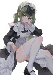  absurdres apron black_dress black_footwear blush bow bowtie closed_mouth clothes_lift dress earrings female foot_out_of_frame garter_straps green_eyes green_hair green_nails head_rest highres jewelry juliet_sleeves long_hair long_sleeves maid maid_apron maid_headdress mole mole_on_neck original puffy_sleeves sentter sidelocks simple_background sitting skindentation skirt skirt_lift solo thighhighs thighs twintails white_background white_bow white_bowtie white_thighhighs 