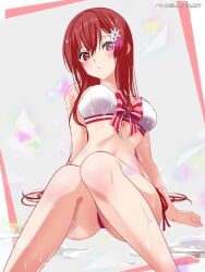  22/7 artist_name bikini blush bow brown_eyes feet_out_of_frame female flower hair_between_eyes hair_flower hair_ornament highres knees_up long_hair looking_at_viewer nanairo_(nanairo227) red_hair sato_reika side-tie_bikini_bottom sidelocks sitting solo striped_bow swimsuit wet white_flower 