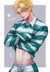  1boy blonde_hair clothes_lift collared_shirt dio_brando english_text highres jojo_no_kimyou_na_bouken long_sleeves looking_down male_focus maribsr midriff mole mole_on_ear navel phantom_blood shirt shirt_lift short_hair solo stomach striped_clothes striped_shirt yellow_eyes 