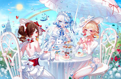  3girls absurdres ahoge bare_back bare_shoulders blonde_hair brown_hair cake champagne_flute chinese_commentary chiori_(genshin_impact) cup detached_sleeves dress drinking_glass emilie_(genshin_impact) food fork furina_(genshin_impact) genshin_impact glasses gloves hand_up hat highres holding holding_fork long_sleeves looking_at_viewer multiple_girls off-shoulder_dress off_shoulder plate red_eyes sheya side_ponytail smile table tiered_tray water_drop white_dress white_gloves white_hat 