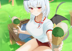  auui black_wings blue_archive blush bow breasts buruma closed_mouth commentary_request demon_tail demon_wings eyewear_on_head female food giving_food gym_shirt gym_uniform hairbow haruna_(blue_archive) haruna_(track)_(blue_archive) highres holding holding_food holding_ice_cream ice_cream large_breasts long_hair looking_at_viewer official_alternate_costume red_bow red_buruma red_eyes shirt short_sleeves single_wing sitting smile solo tail thighs white_hair wings 