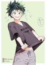  1boy absurdres black_shirt blush boku_no_hero_academia clothes_pull freckles green_eyes green_hair grey_pants highres male_focus midoriya_izuku midriff open_mouth pants shirt shirt_pull short_hair simple_background smile solo teeth ume_(326310) 