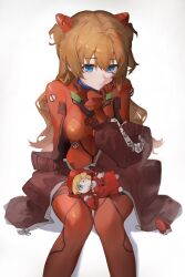  absurdres blue_eyes bodysuit breasts closed_mouth feet_out_of_frame female head_rest highres interface_headset invisible_chair jacket long_hair long_sleeves looking_at_viewer neon_genesis_evangelion off_shoulder orange_hair plugsuit red_bodysuit red_jacket sentter sitting solo souryuu_asuka_langley stuffed_toy track_jacket two_side_up white_background 