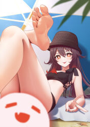  barefoot bikini black_nails blush boo_tao_(genshin_impact) breasts brown_bikini brown_hair feet female flower-shaped_pupils genshin_impact ghost hair_between_eyes hat highres hu_tao_(genshin_impact) long_hair looking_at_viewer medium_breasts red_eyes smile solo swimsuit symbol-shaped_pupils toes tyenka7728 