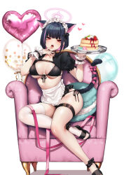  animal_ears ankle_bow apron armchair balloon belt berry black_belt black_bow black_bra black_choker black_footwear black_hair black_skirt black_sleeves black_tail blue_archive blush bow bra breasts cat_ears cat_tail chair chest_belt choker collarbone colored_inner_hair commentary_request danimaru extra_ears female finger_to_mouth fingernails food front-tie_bra halo heart heart_balloon highres holding holding_tray kazusa_(blue_archive) large_breasts looking_at_viewer macaron maid maid_apron maid_headdress medium_hair multicolored_hair nail_polish open_mouth pink_bow pink_eyes pink_hair pink_halo pink_nails pink_ribbon plate ribbon short_sleeves simple_background single_thighhigh sitting skirt solo streaked_hair tail tail_bow tail_ornament tail_ribbon thigh_belt thigh_strap thighhighs thighs toes tray two-tone_hair underwear waffle whipped_cream white_apron white_background white_headdress white_thighhighs white_wrist_cuffs wrist_cuffs 