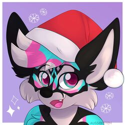  anthro aussiekitten biped black_body black_fur black_hair blue_body blue_fur blue_hair body_hair canid canine canis chest_hair christmas christmas_clothing christmas_headwear clothing colored digital_drawing_(artwork) digital_media_(artwork) digitigrade fluffy fluffy_ears fluffy_hair fluffybush fluffybush_(rexouium) fur fur_markings hair hat headgear headshot_portrait headwear hi_res holidays looking_at_viewer male mammal markings multicolored_body open_mouth pink_body pink_fur pink_hair portrait rexouium santa_hat shaded smile snowflake solo white_body white_fur white_hair 