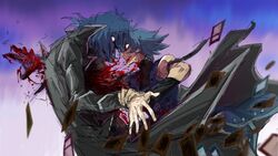  2639939368 2boys blue_hair blue_uniform card coat fighting guro highres holding_another&#039;s_arm impaled johan_andersen marufuji_ryo multiple_boys trench_coat yu-gi-oh! yu-gi-oh!_gx 