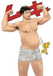  1boy armpits bara belly black_hair bouncing_belly cowboy_shot double_biceps_pose excessive_armpit_hair flexing hibino_kafka highres kaijuu_no._8 looking_at_viewer male_focus motion_lines muscular muscular_male navel nipples plump sanpaku short_hair smug solo sparse_navel_hair standing sumiyakipasta thick_eyebrows thick_leg_hair topless_male translation_request 