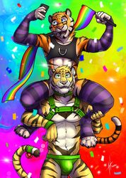  anthro clothing duo eyewear felid glasses harness hi_res hufnaar hufnaar_(character) jockstrap leggings legwear lgbt_pride male mammal pantherine pride_color_flag pride_colors tiger ulbrek underwear 