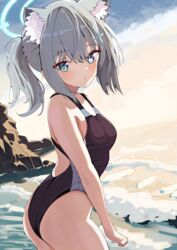  animal_ear_fluff animal_ears ass beach black_one-piece_swimsuit blue_archive blue_eyes breasts cloud commentary competition_swimsuit cross_hair_ornament extra_ears female grey_hair hair_ornament halo highres looking_at_viewer low_ponytail medium_breasts medium_hair mismatched_pupils multicolored_clothes multicolored_swimsuit natsuki_(natsu_1936) official_alternate_costume one-piece_swimsuit orange_sky rock shiroko_(blue_archive) shiroko_(swimsuit)_(blue_archive) sky solo swimsuit waves wolf_ears 