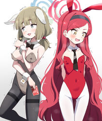  2girls animal_ears black_pantyhose blue_archive condom_box detached_collar donutman embarrassed fake_animal_ears highres leotard multiple_girls okamoto_condoms pantyhose pen playboy_bunny rabbit_ears red_leotard strapless strapless_leotard takane_(blue_archive) yakumo_(blue_archive) 