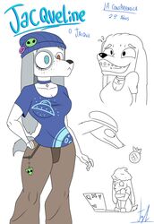  anthro blue_clothing blue_eyes blue_shirt blue_t-shirt blue_topwear bottomwear brown_bottomwear brown_clothing brown_pants canid canine canis clothing computer domestic_dog electronics female hi_res jacqueline_simmons_(lechugansfw) laptop lechugansfw mammal no_pupils pants shirt solo t-shirt topwear white_body 